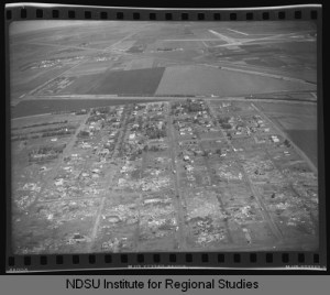 Aerial view of the Golden Ridge subdivision after the tornado. Credit: NDSU