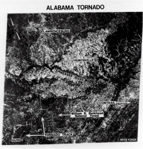 A satellite image showing the damage path through Guin itself and the Bankhead National Forest. Credit: NOAA