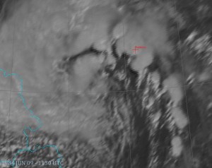 A satellite image of the low pressure system as the outbreak was in progress. The Ivanovo tornado touched down at about this time.