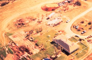 A pair of homes swept away in Kellerville. These homes were likely poorly anchored, however. Note the lack of damage to the stronger structure to the right. The tornado likely reach its peak over open country to the southwest. Credit: NOAA