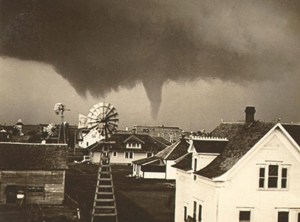 The tornado moving through farmland north of town. This is believed to be the first photograph of an F5 tornado. Credit: NOAA