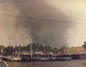 A spectacular view of the tornado taken as it approached the Village Center Plaza shopping center in Niles. Credit: Mike Zahurak