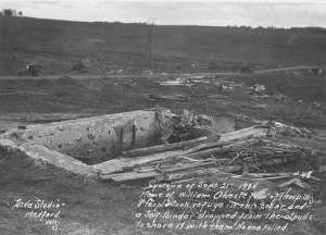 Damage to the Oberley residence near Reseburg. Note the chunk of the foundation that appears to be missing in the back of the picture. Credit: Thorp Area Historical Society