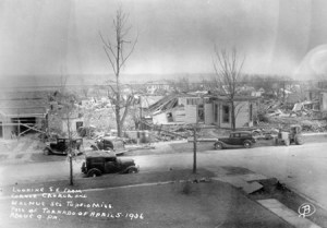 The corner of Church and Walnut Streets in Tupelo after the tornado. Credit: gendisasters.com