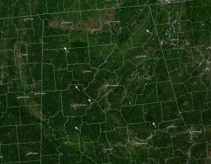 A satellite view of the tornado tracks of April 27 in Alabama. Credit: NASA