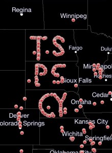 A tribute made by chasers aligning their GPS transponders to spell out the initials of Tim Samaras and his team. Credit: RadarScope