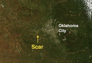 A satellite image showing the ground scar of the El Reno tornado. Credit: NASA