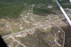 Aerial view of the devastation in Phil Campbell after the April 27 tornado.  Credit: HBTV