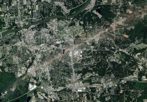 Satellite image of the damage path through Tuscaloosa. Credit: DigitalGlobe