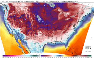 A map of near-surface temperatures at 8 am Eastern Time Tuesday morning.  Source: WeatherBell
