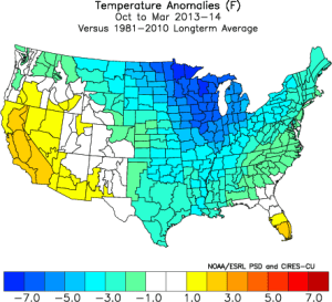 Observed temperature anomalies during the the Oct 2013-Mar 2014 period versus climate means, showing the bitter cold that gripped much of the lower 48.