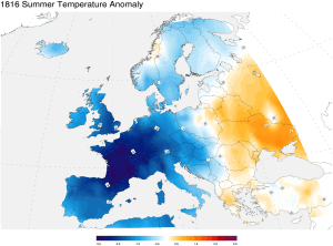 Temperature anomalies for the summer of 1816 in Europe.   Source: NOAA