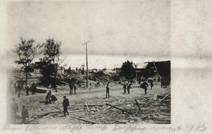 Devastation in Albertville, Alabama after an F4 tornado struck the town during the Dixie outbreak of April 24, 1908. This tornado killed 35 people and 324 died during the outbreak, which took place almost entirely within Dixie Alley. An outbreak on the Plains the previous day produced an F5 in Nebraska.  Source: NOAA