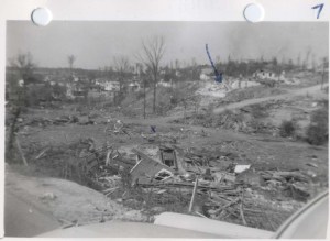Total destruction in the Stacy Hollow neighborhood near McDonald Chapel after the April 15, 1956 tornado.  Source: NOAA