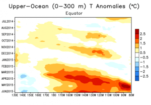 Evolution of the present El Niño pattern. This chart shows changes in Pacific Ocean temperature anomalies over the past year, with longitude along the x axis and time on the y axis.  Source: NOAA
