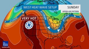 The west is about to really heat up as a high pressure moves north and sets up an intense heat wave. Source: The Weather Channel 