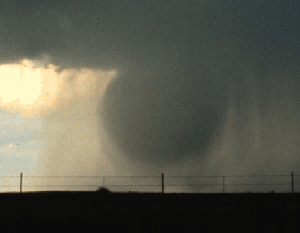 This animation shows a traditional "wet" downburst, which is far more visible and gives a good depiction of how powerful these events are.  Source: NWS